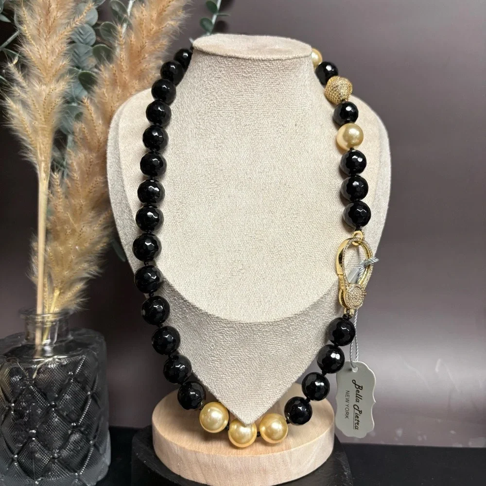 Bella Pietra Black Onyx Beaded Necklace | Pearl Accent‎ Crystal Clasp | NWT
